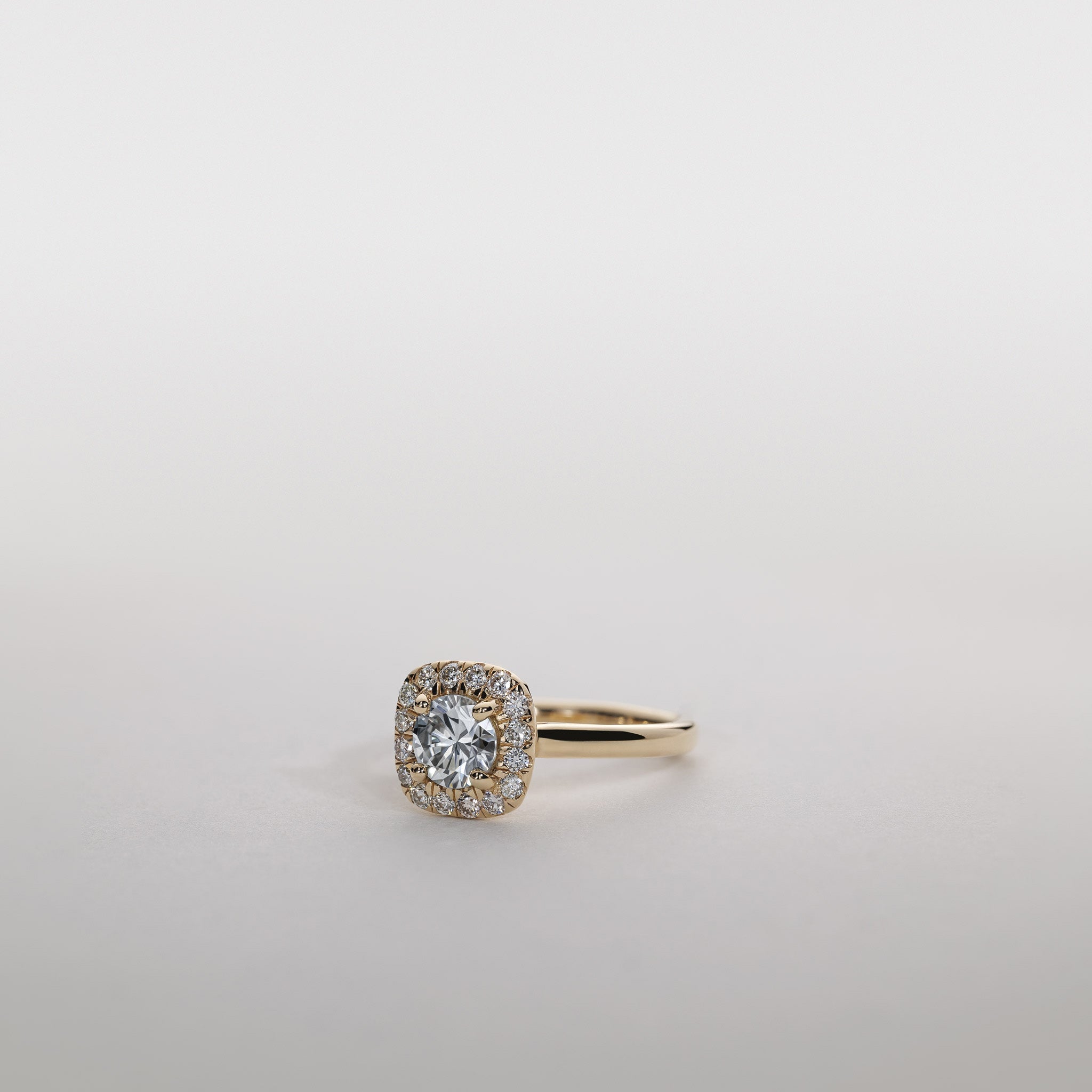 0.75ct Moissanite cushion halo ring pave diamond 14k gold clara