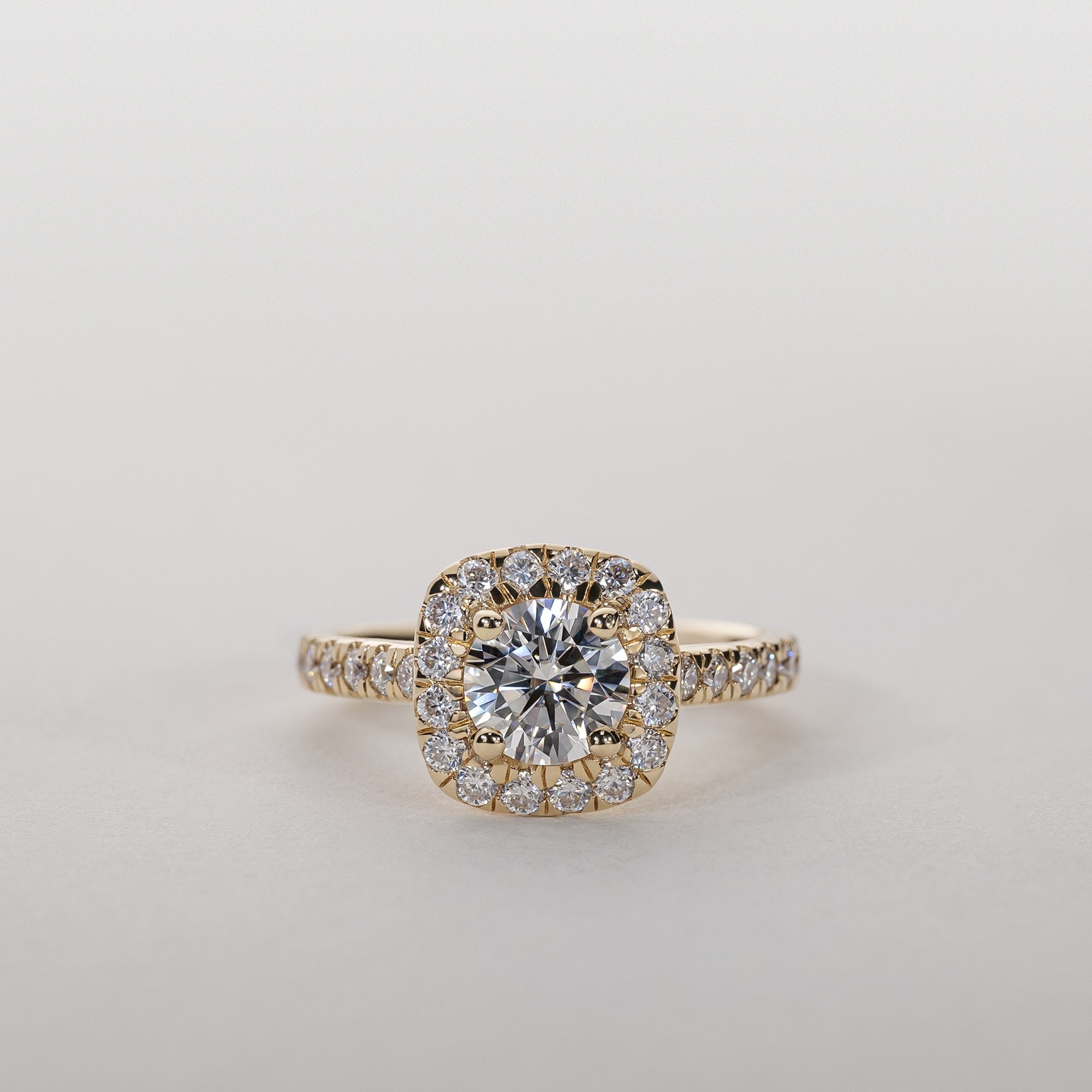1.0ct lab grown Diamond cushion halo ring pavé band 14k gold clara