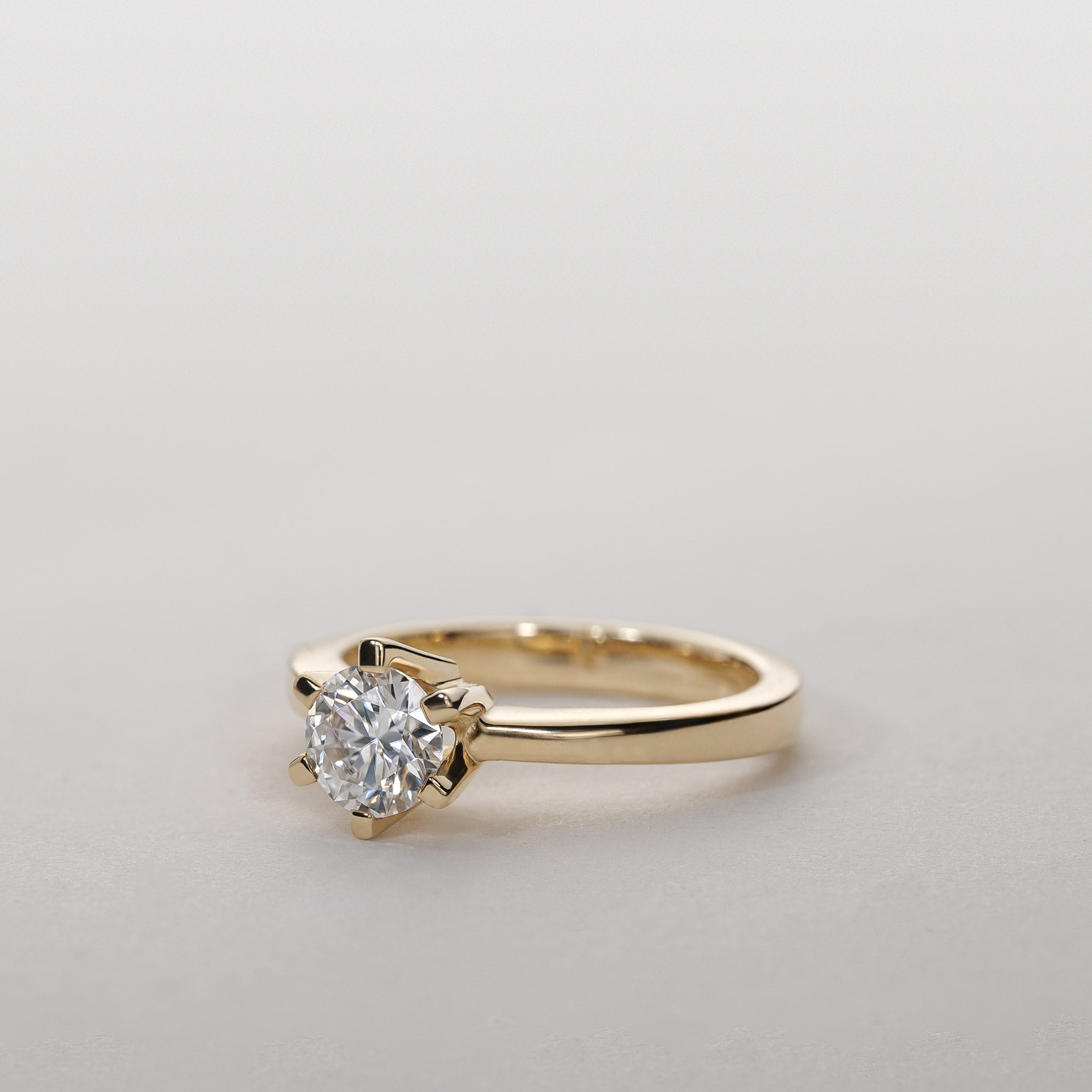 Amber Six-Prong Solitaire Ring – 0.75 ct Moissanite 14K Gold