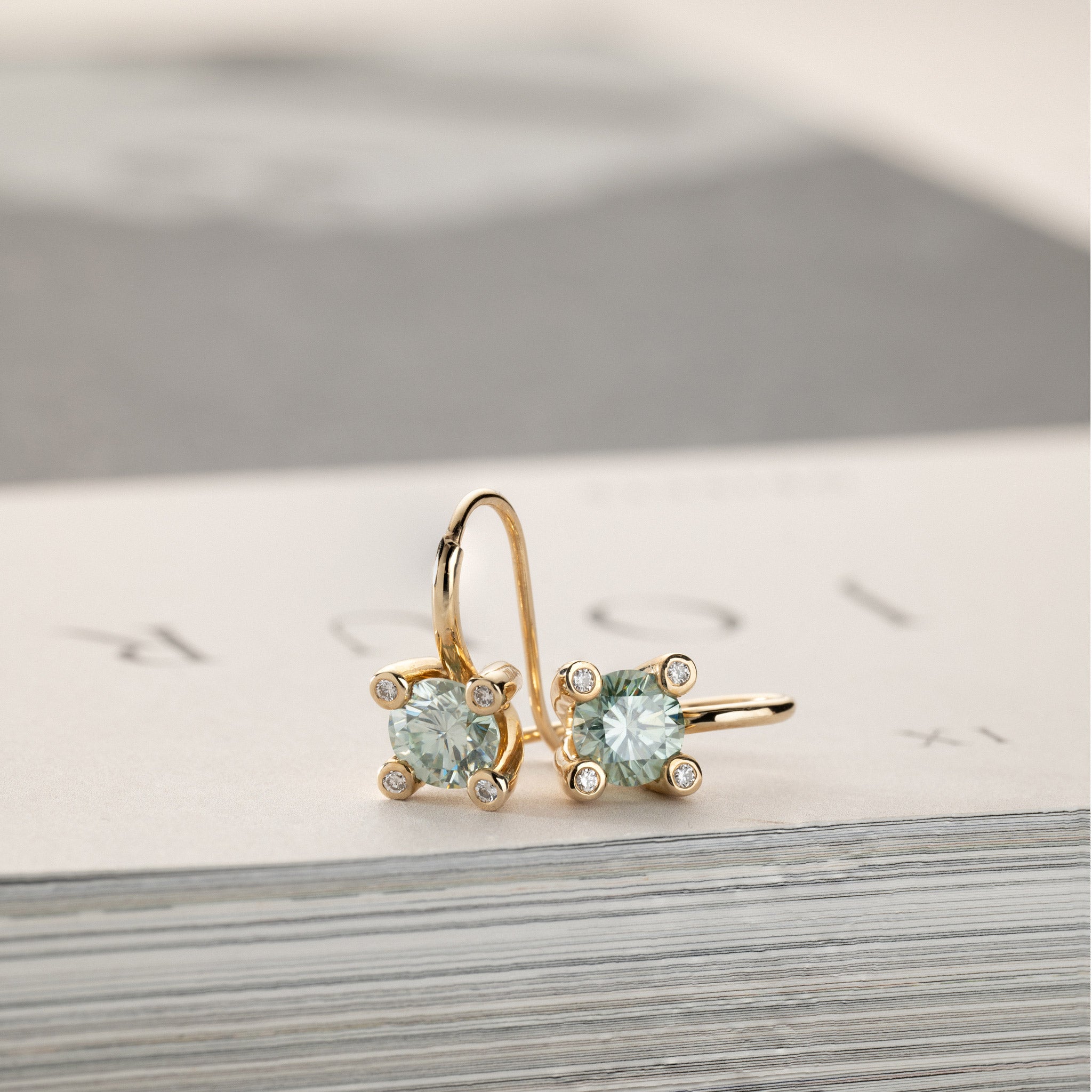10K Yellow Gold solitaire earrings 1.5ctw green moissanite diamonds in crown Miriam