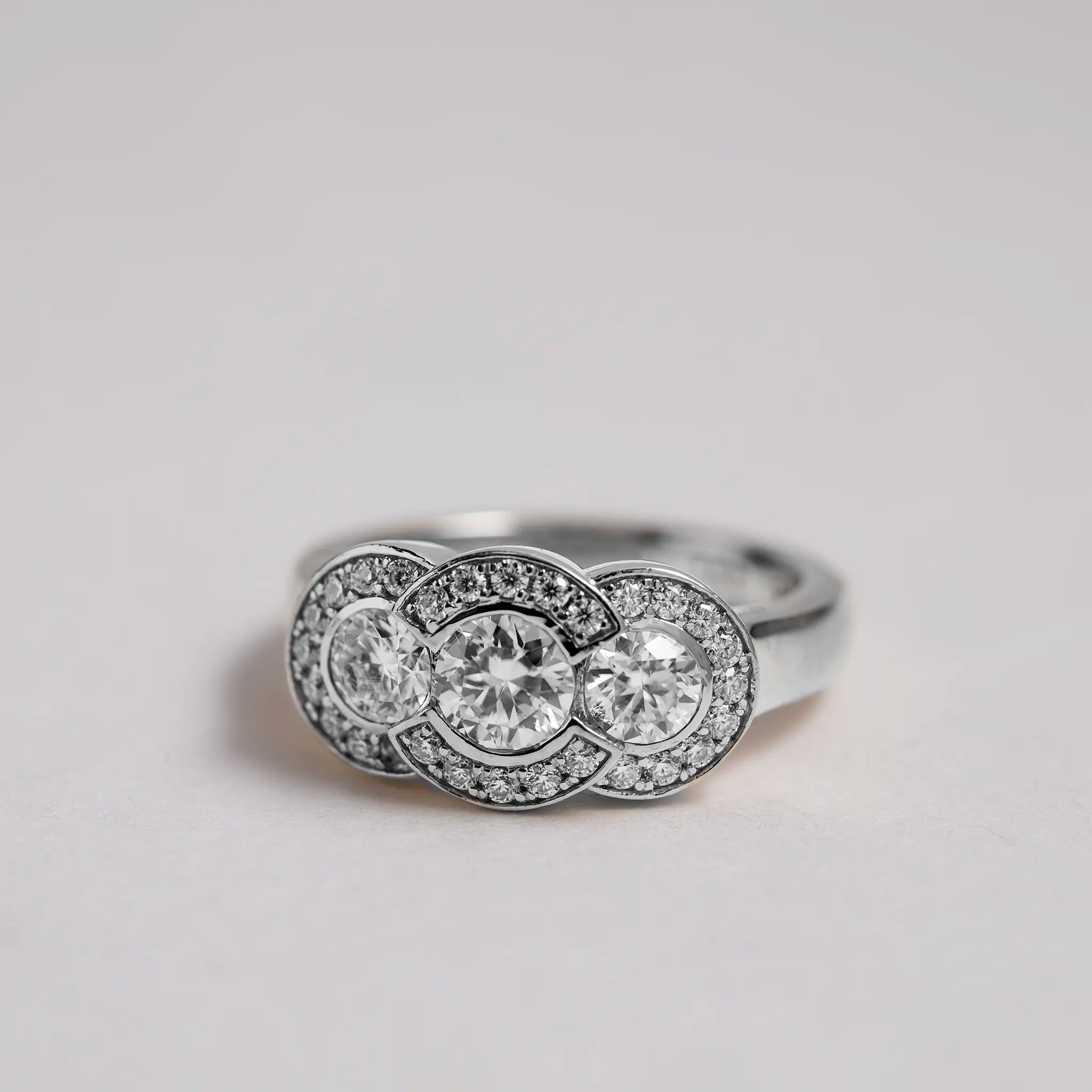 Patrice Bezel Pavé Three-Stone Ring – 1.75 ct moissanite 14K Gold