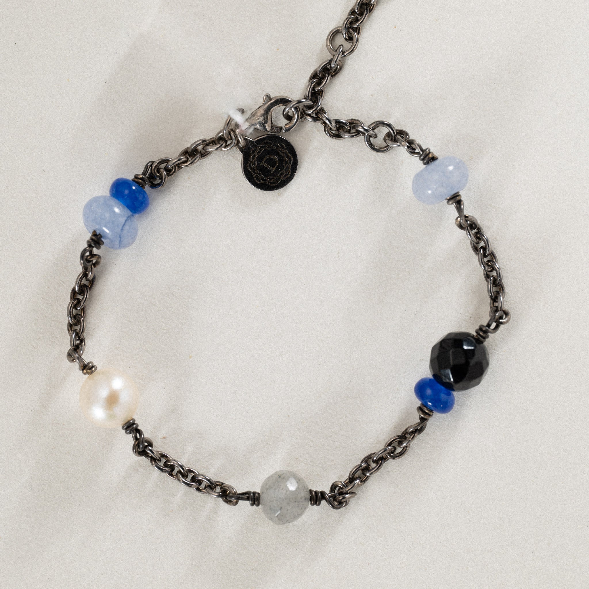 No. 32 - White freshwater pearl & Semi-precious multi color stone bracelet in black rhodium silver