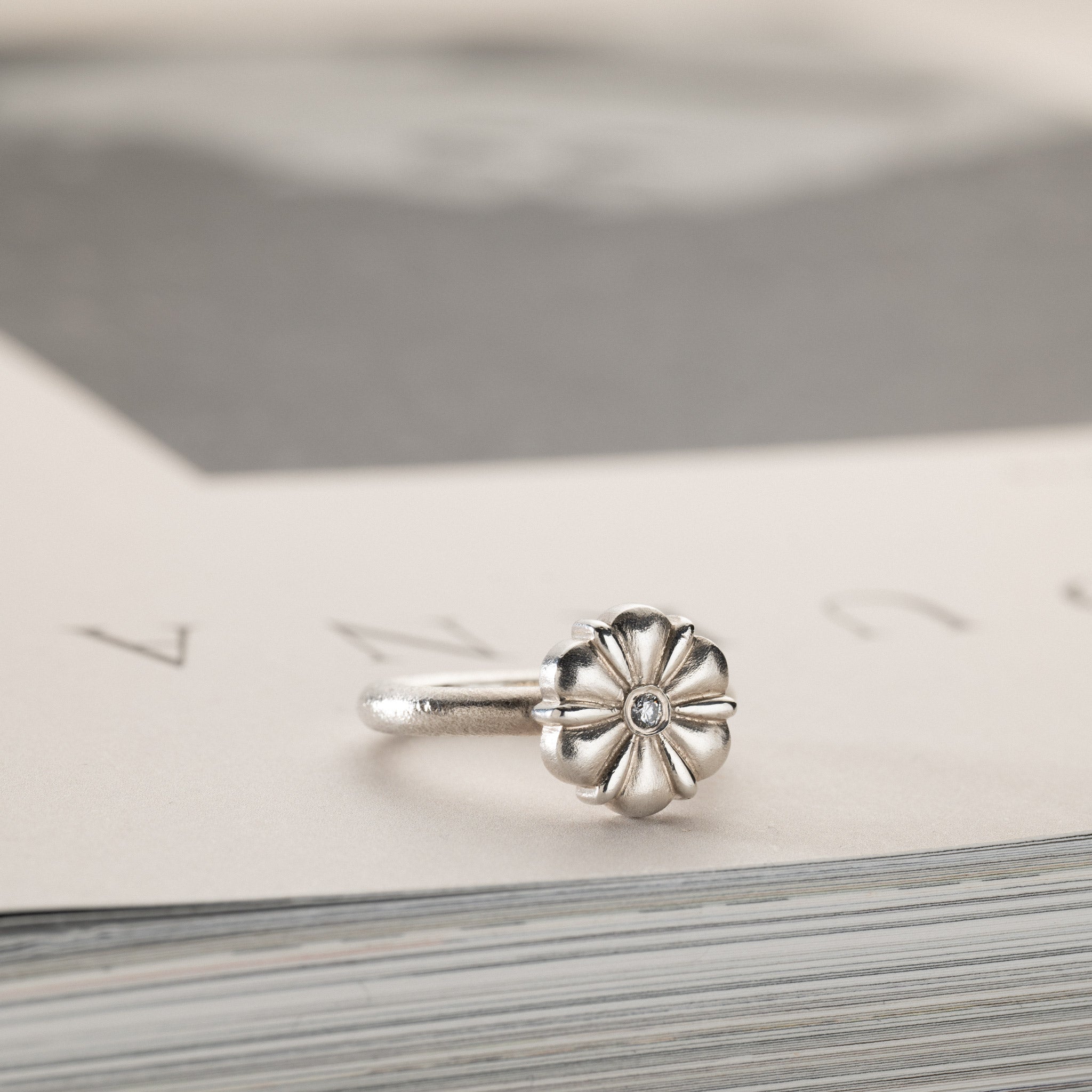 Flower Ring in Silver with 0.02ct gorwn diamond Flora