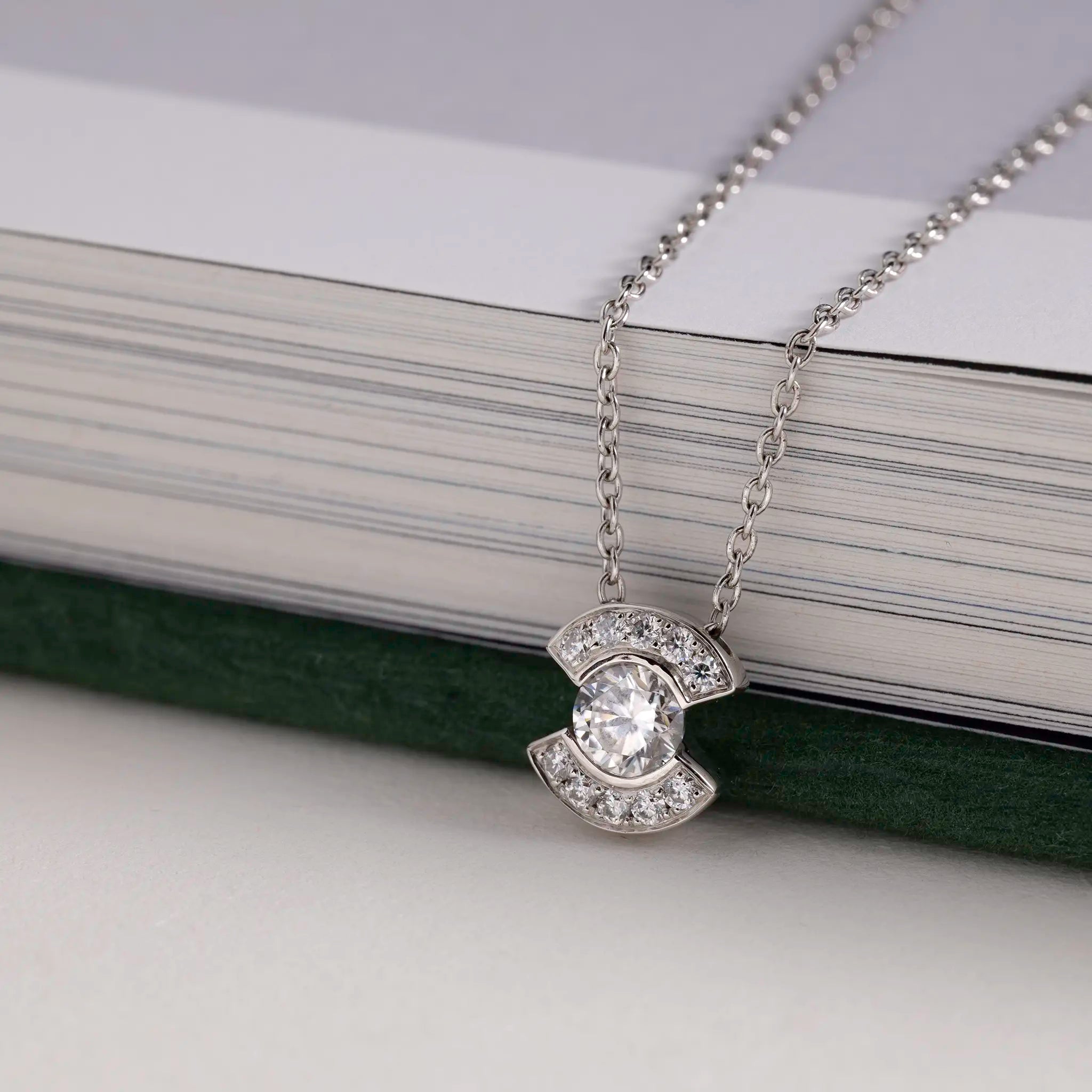 10K White Gold bezel collier necklace 0.50ctw moissanite pave diamond Patrice