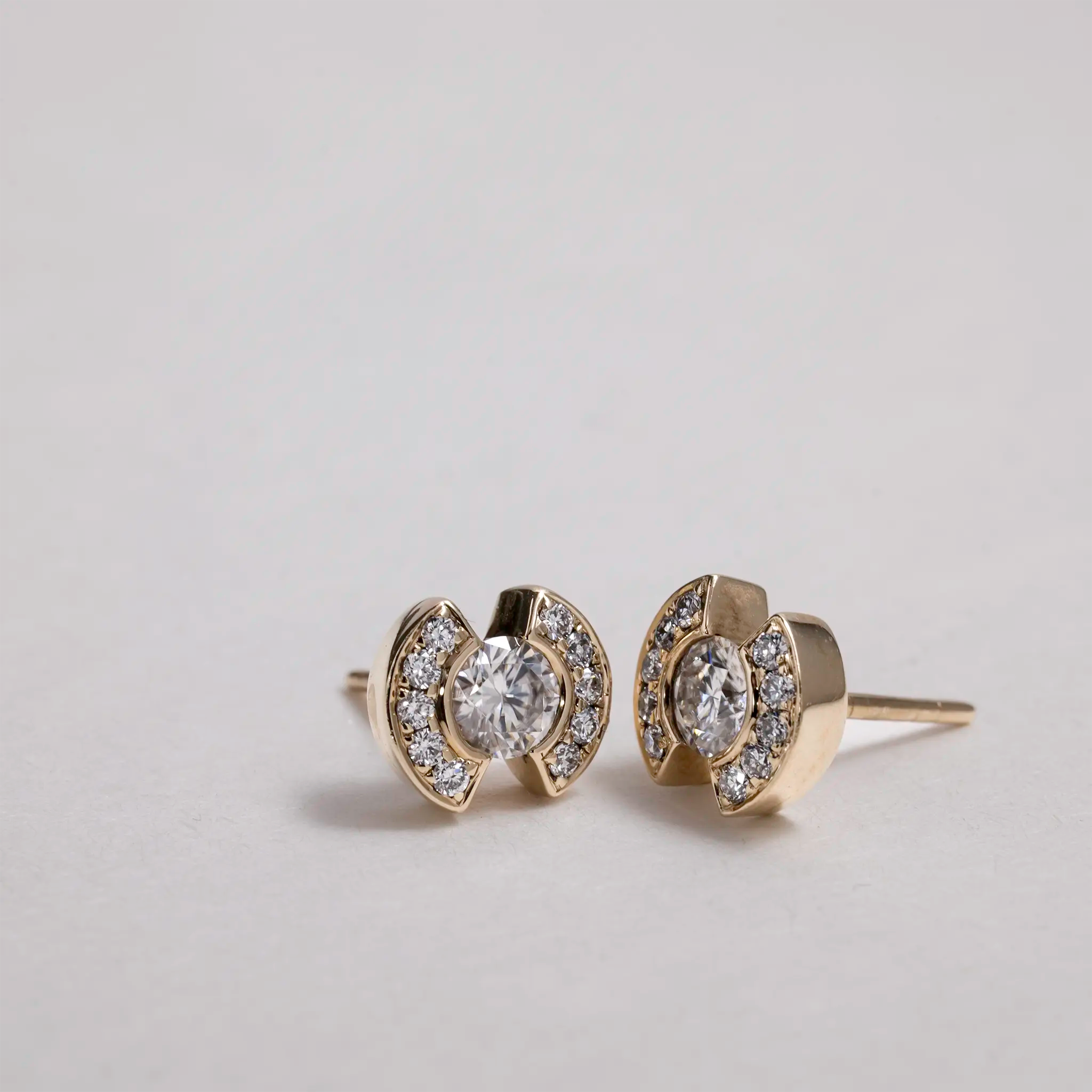 Moissanite bezel stud earrings pavé lab grown diamonds 14K Gold Patrice