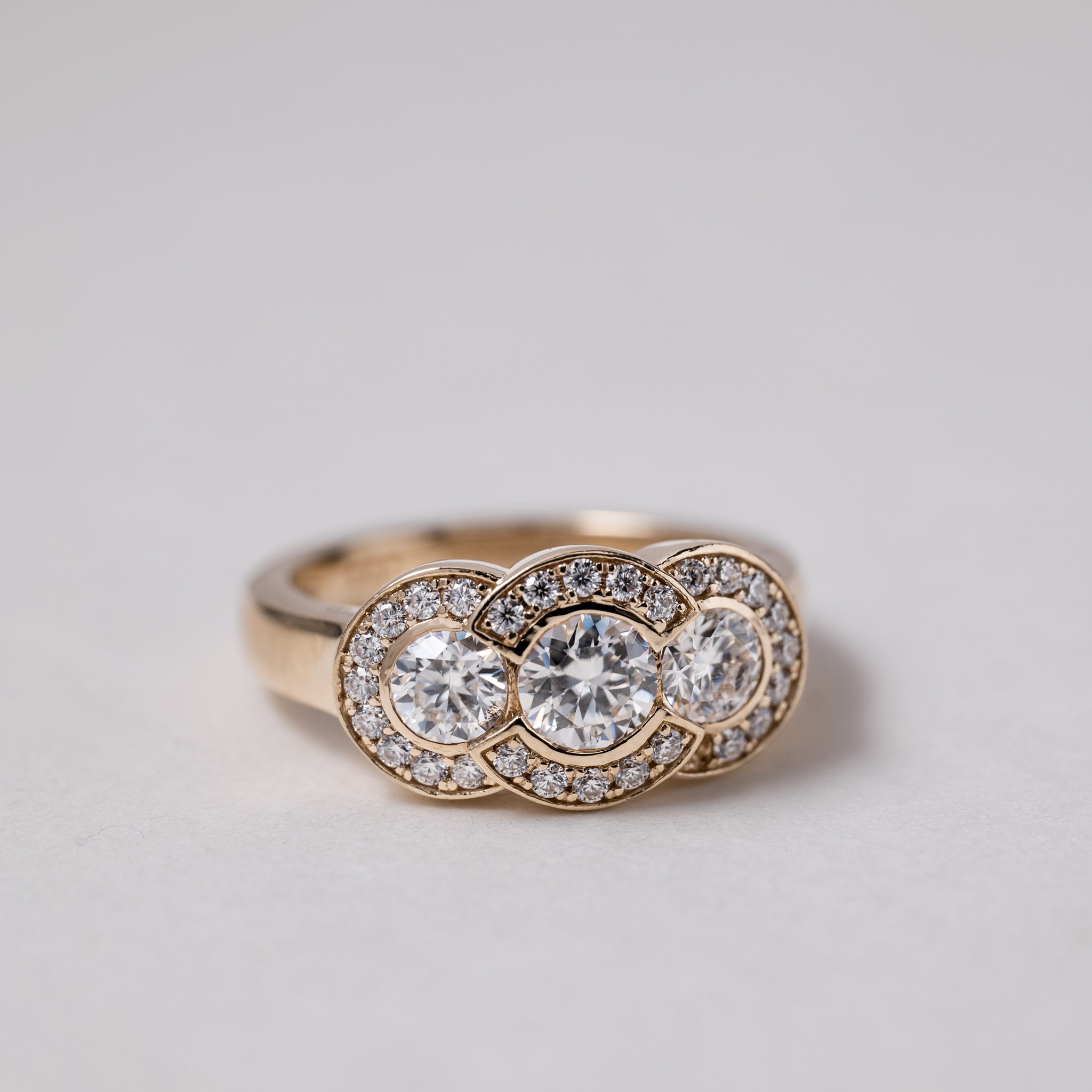 Patrice Bezel Pavé Three-Stone Ring – 1.75 ct moissanite 14K Gold