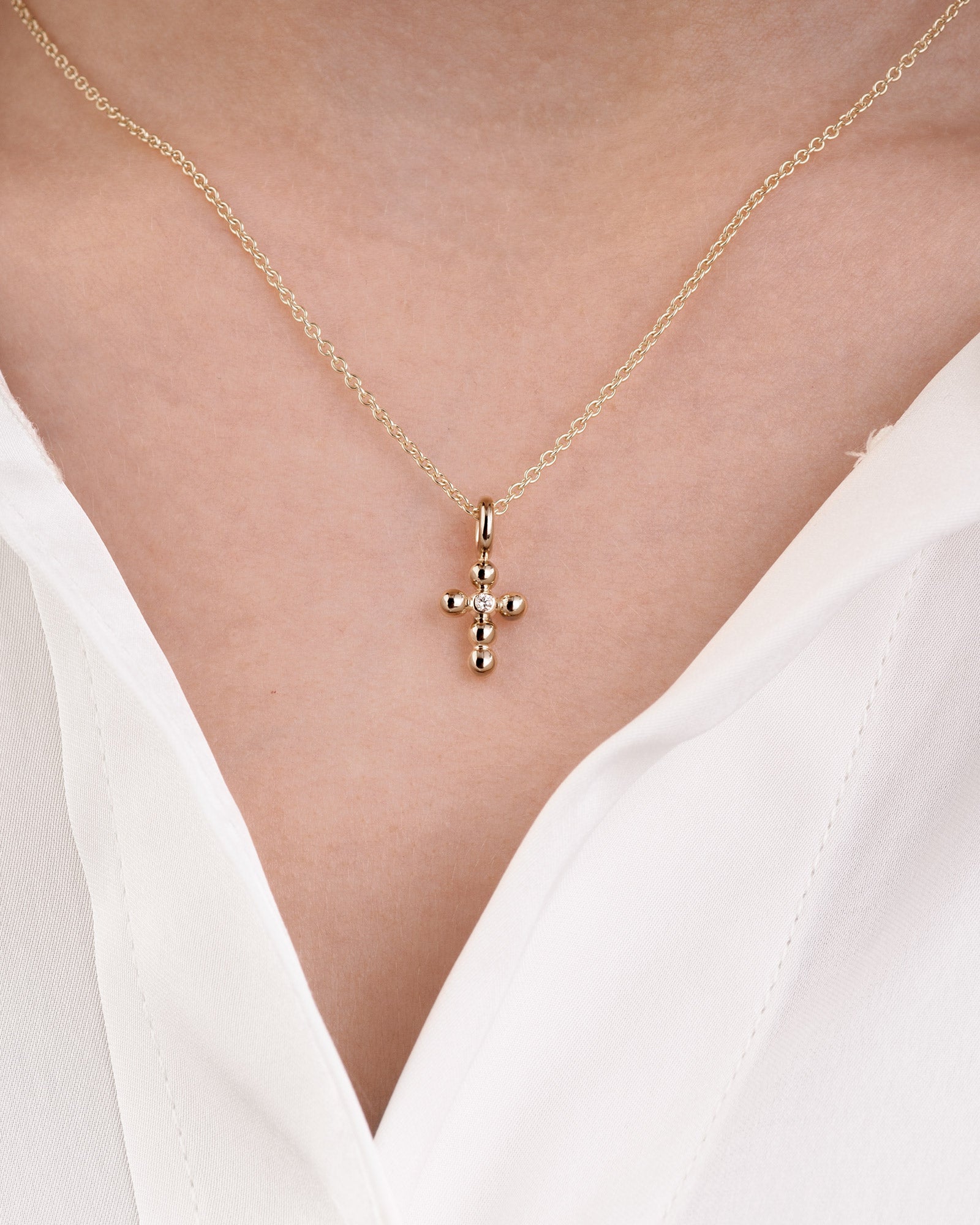 Ayah – 0.02ct lab grown diamond bubble cross pendant 14K Yellow Gold