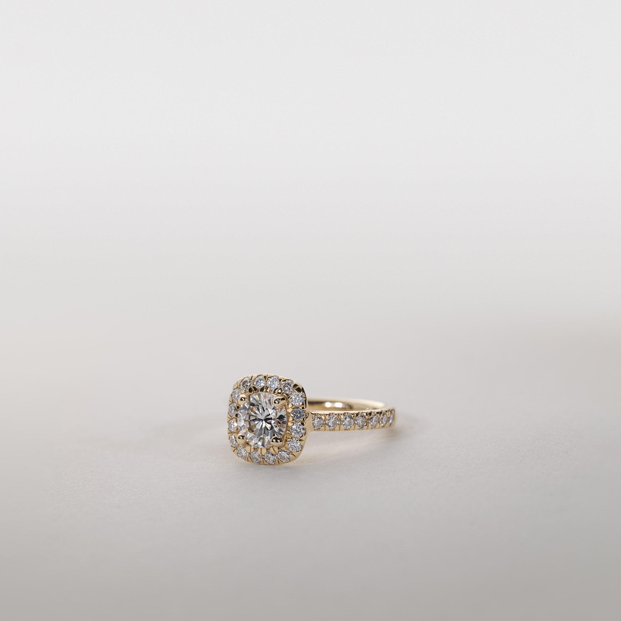 0.75ct moissanite cushion halo ring diamond pavé band 14k gold clara