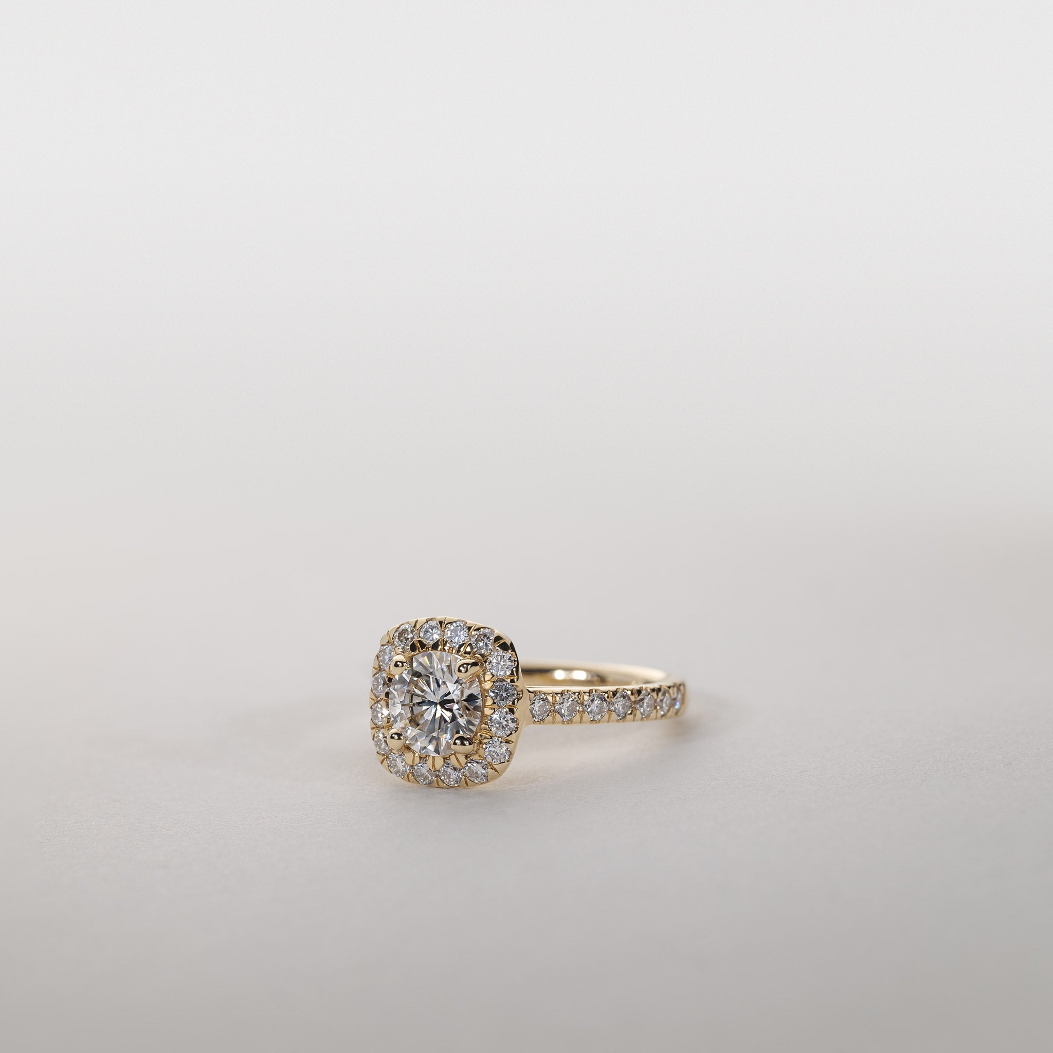 1.0ct moissanite cushion halo ring diamond pavé band 14k gold clara