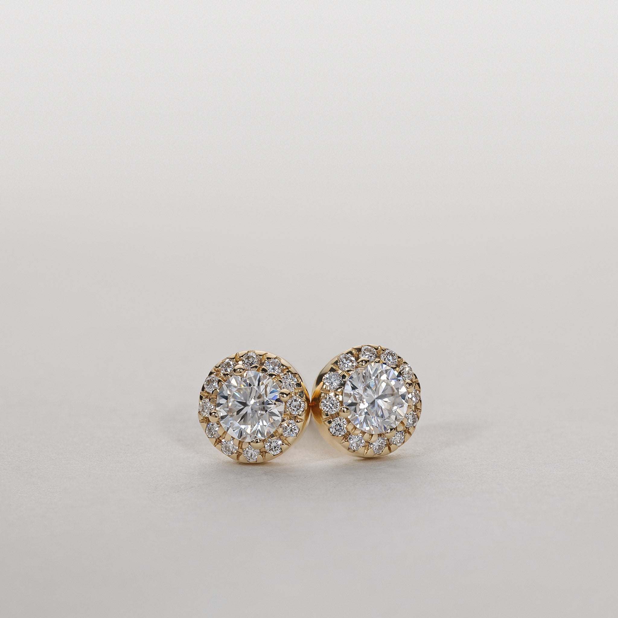 1.0ct Moissanite halo stud earrings pavé diamonds 14k gold clara