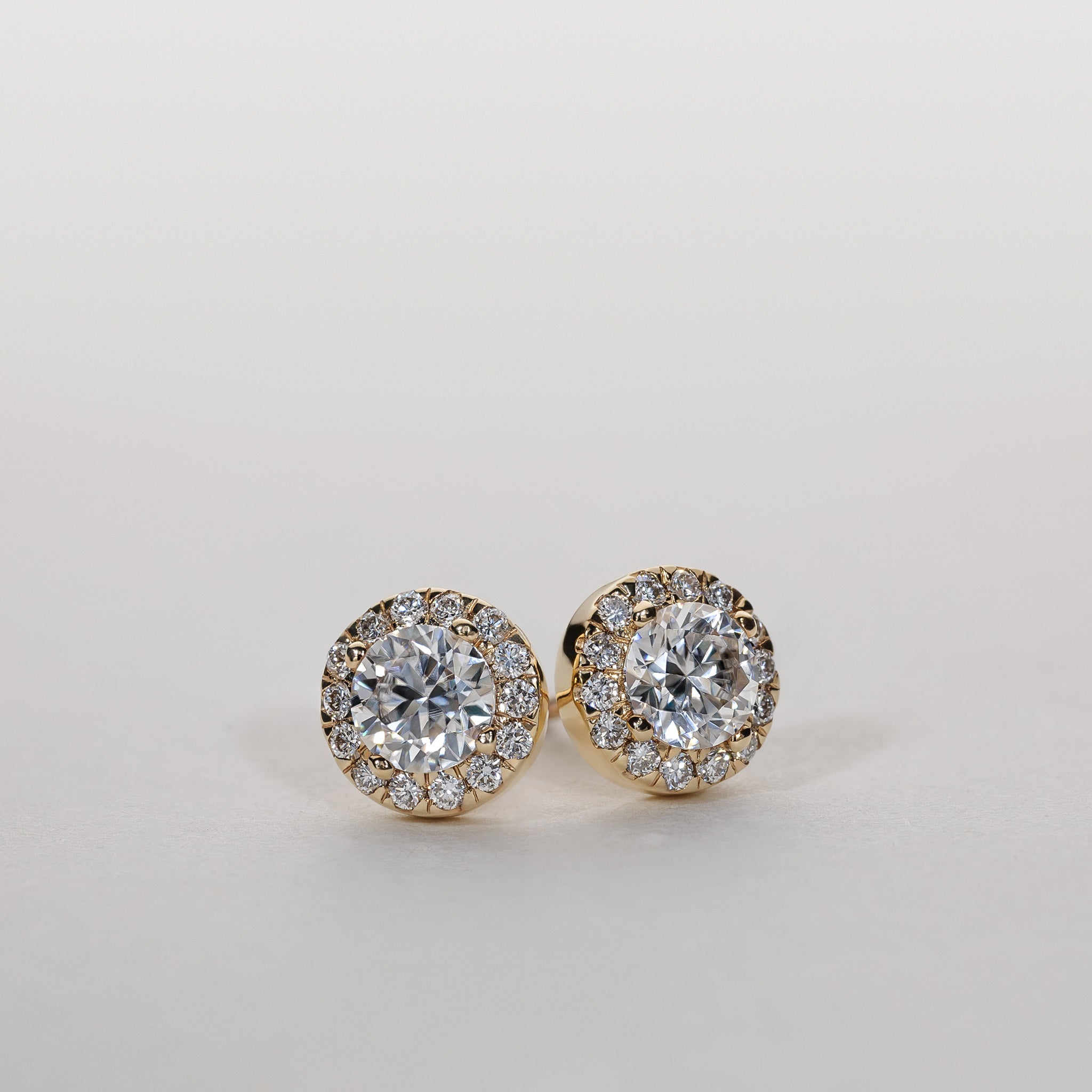 1.50ct Moissanite halo stud earrings pavé diamonds 14k gold clara