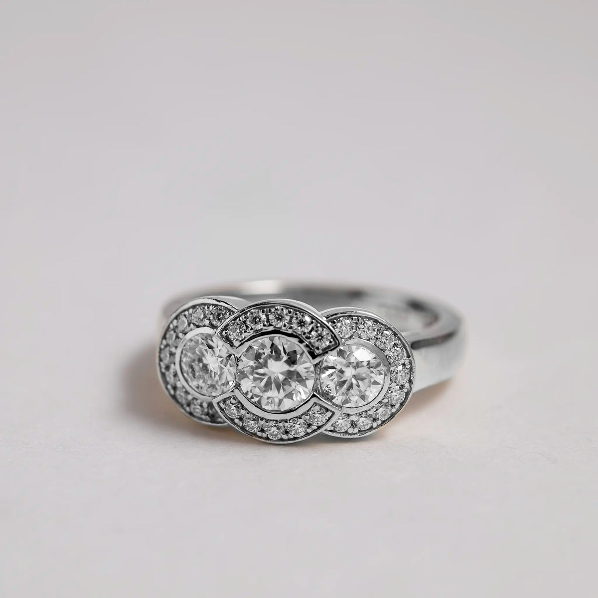Patrice Bezel Pavé Three-Stone Ring – 1.75 ct Lab-grown Diamonds 14K Gold