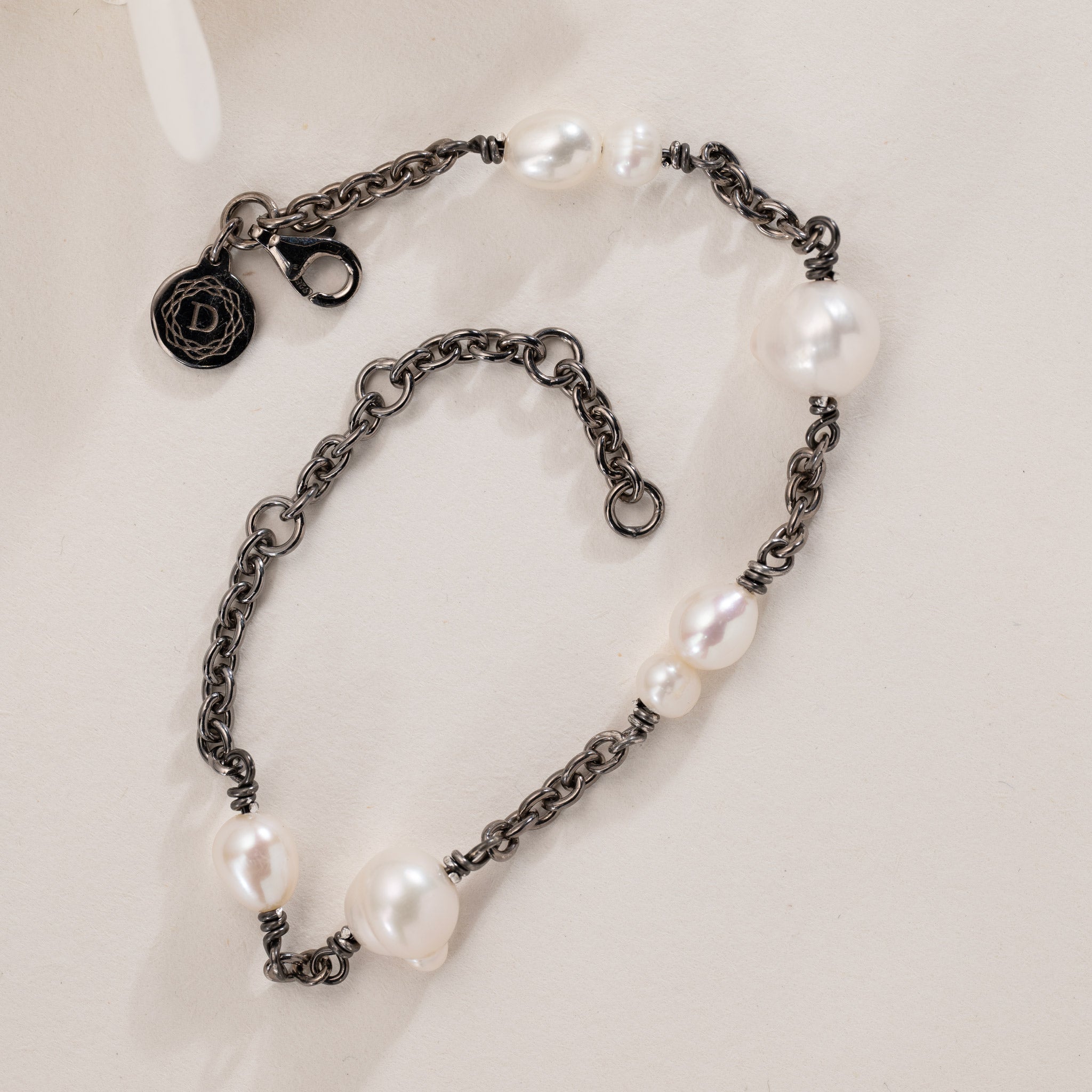 No. 10 - White Freshwater pearl & semi-precious stone bracelet in black rhodium silver