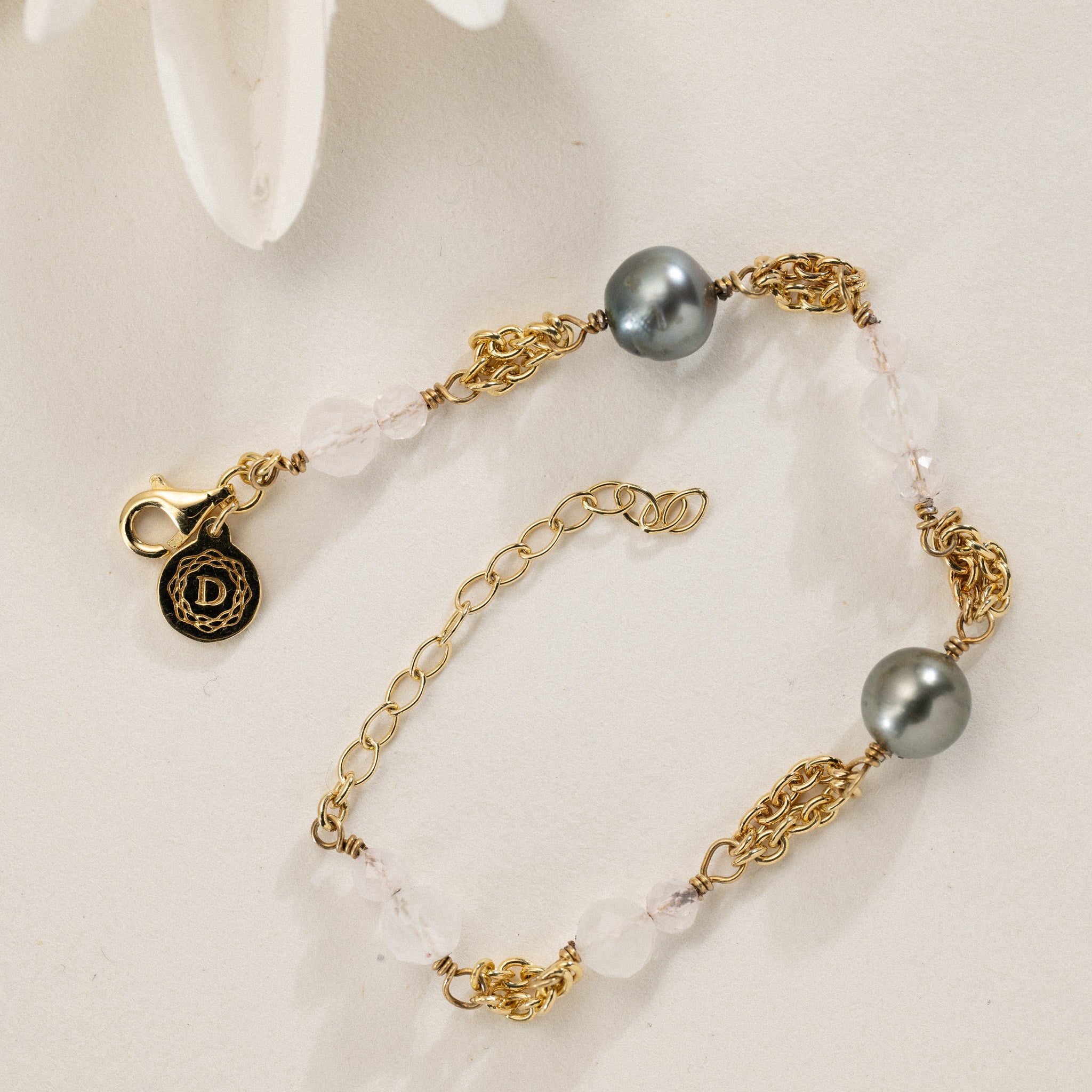 No. 12 - Peacock tahiti pearl bracelet in vermiel gold & semi-precious stones
