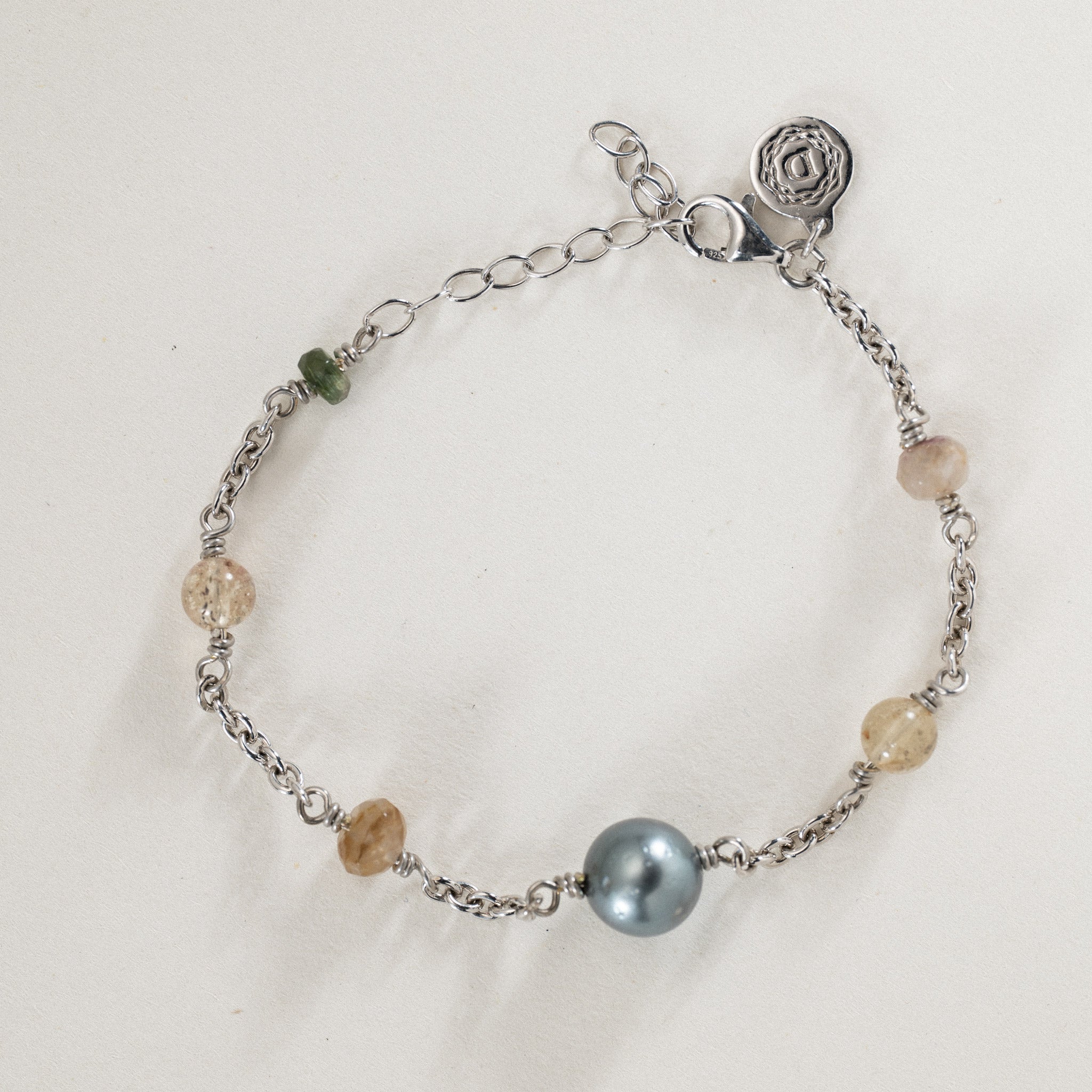 No. 17 - Peacock tahiti pearl & Semi-precious multi color stone bracelet in Rhodium silver