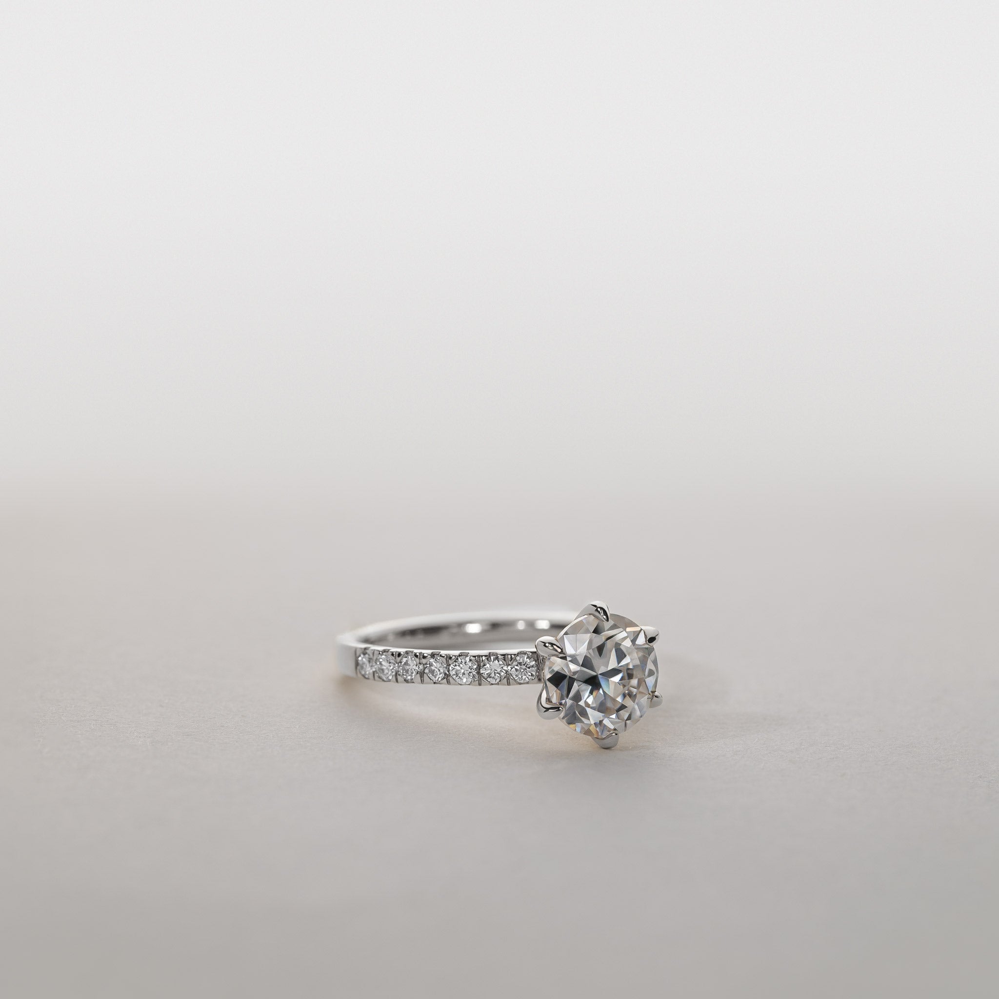 Diamond Six-Prong Solitaire Ring Pavé-Set Band 14K Gold