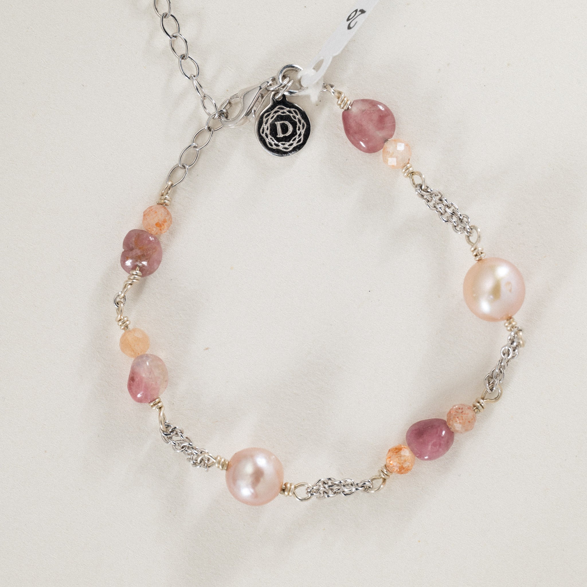 No. 20 - Light pink freshwater pearl & Semi-precious multi color stone bracelet in Rhodium Silver