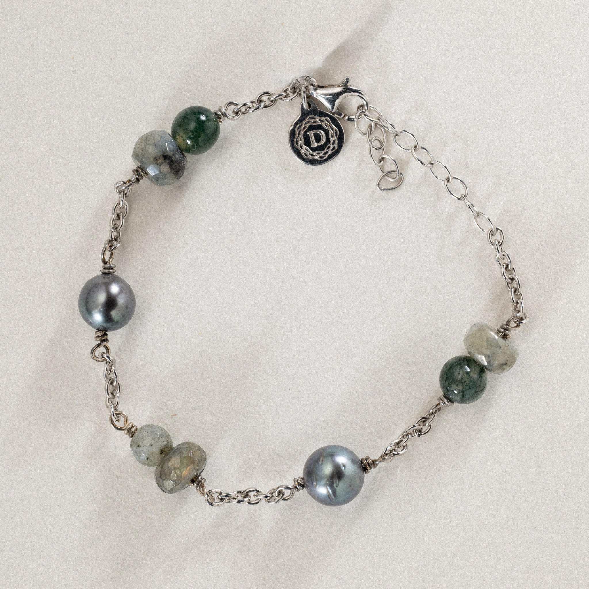 No. 26 - Peacock tahiti pearl & Semi-precious multi color stone bracelet in Rhodium Silver