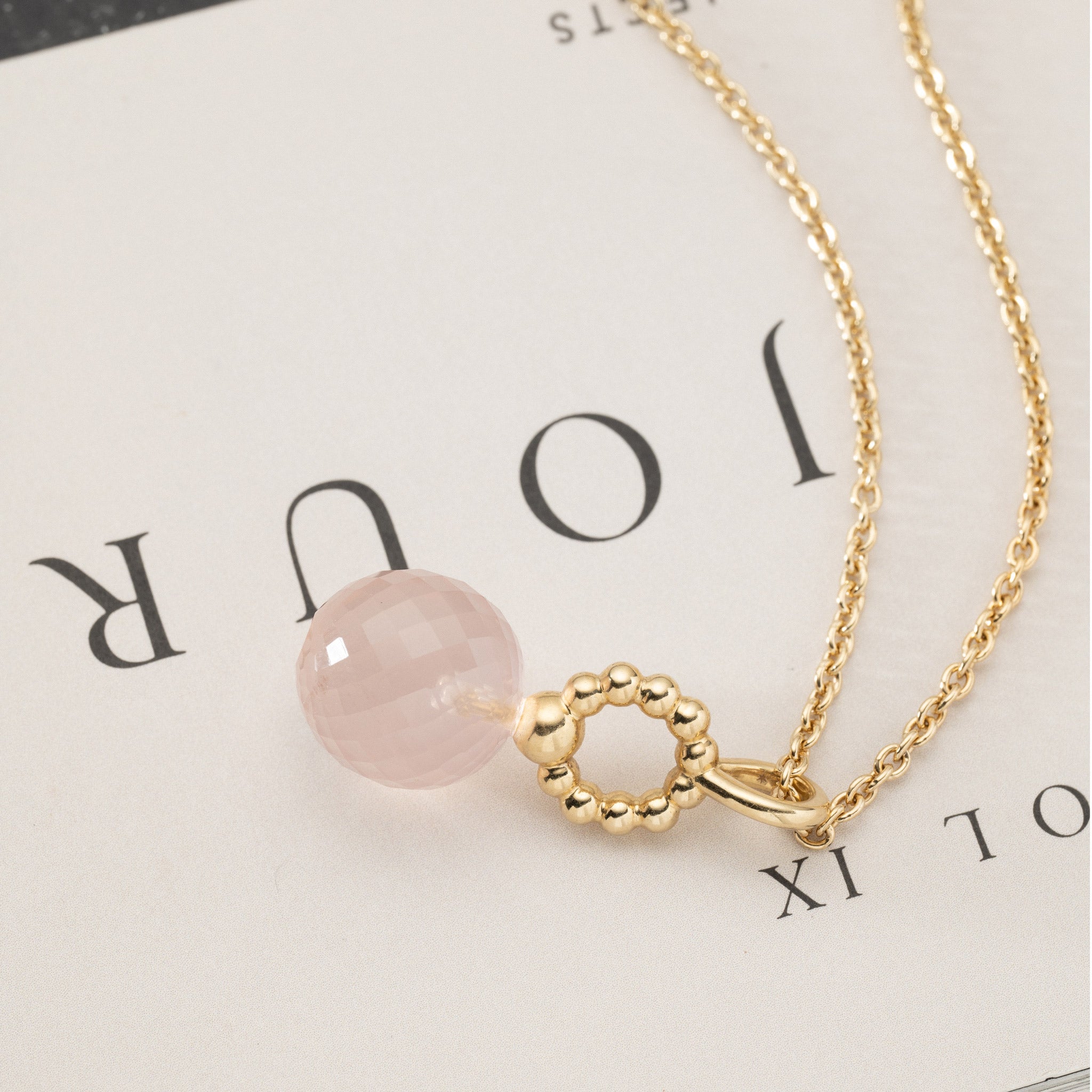 Circle of bubbles set with faceted rose quartz 14K Yellow Gold Ayah