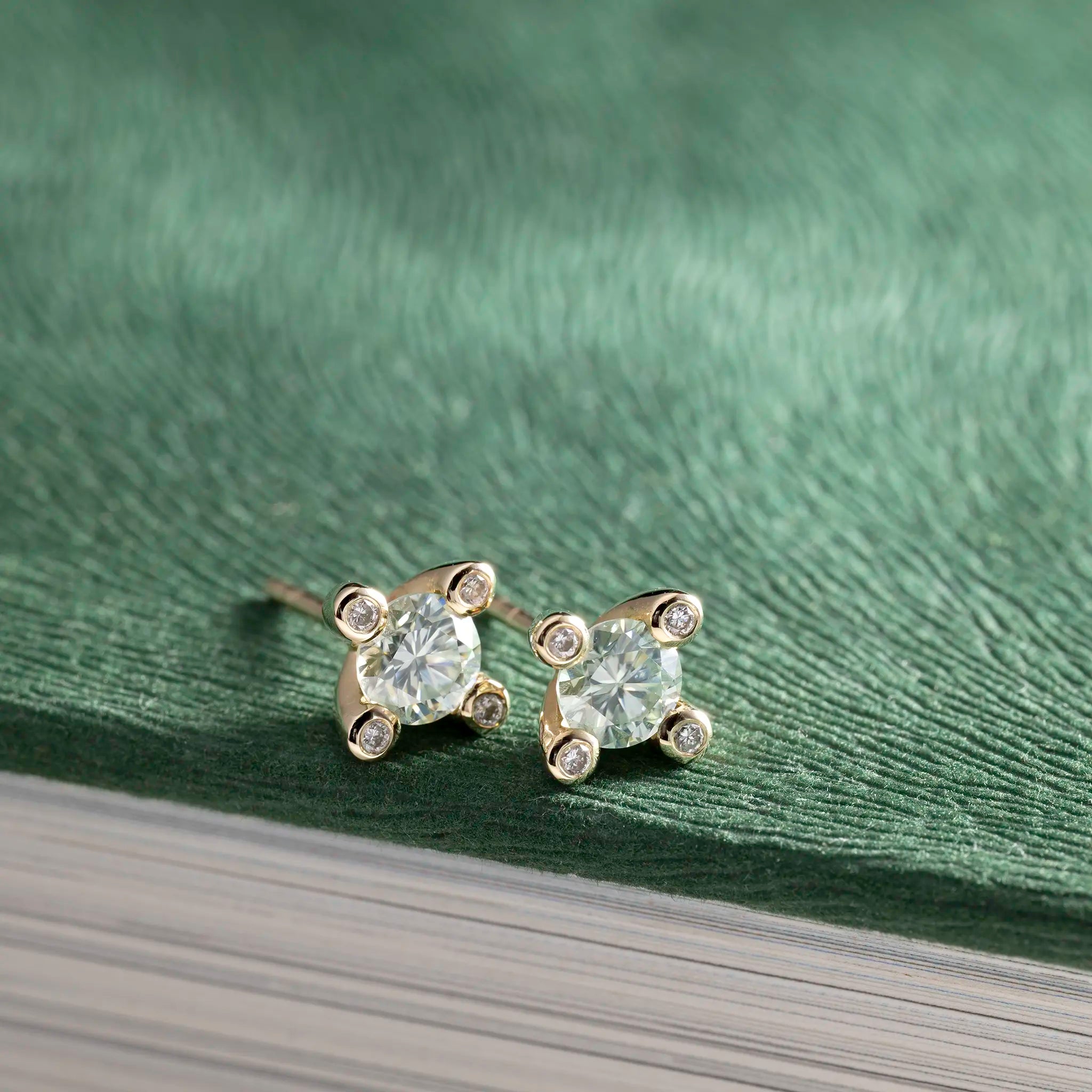 1.0ctw green moissanite solitaire earrings 10K Yellow Gold diamonds in crown Miriam